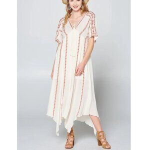 Oddi Women's 100% Rayon Handkerchief Hem Embroidered Bohemian Midi Dress